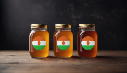 Collection of jars of different types of honey with flag Niger. Concept export and import honey. - obrazy, fototapety, plakaty