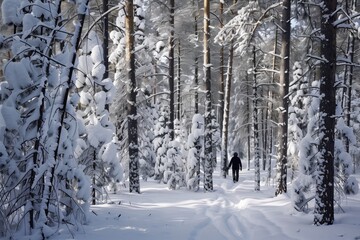 person walking through snowcovered pine forest