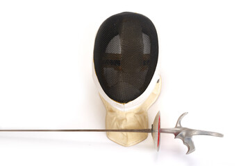 Vintage fencing sport mask and foil isolated on white background