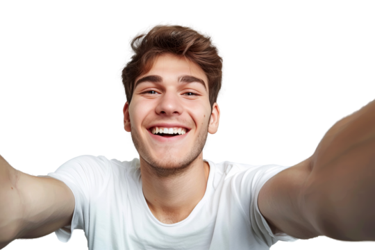Portrait of beautiful handsome man taking selfie posing with smile and attractive focus look, isolated on transparent png background.