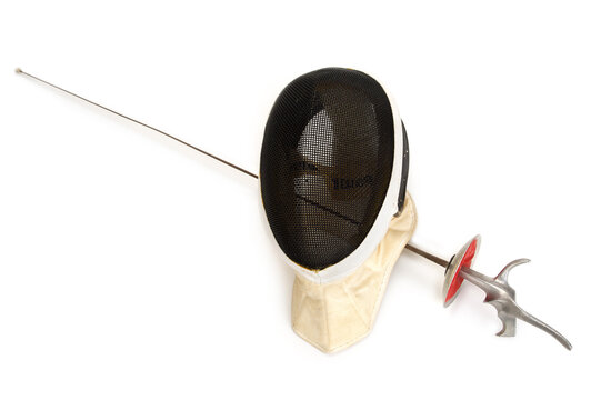 Top view of fencing gear. Mask and foil isolated on white background