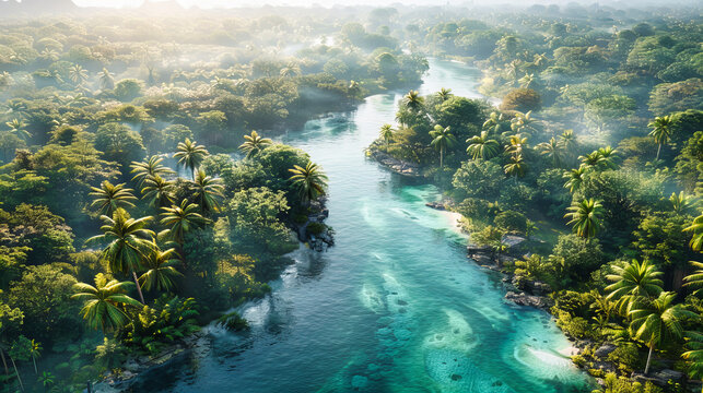Tropical River Escape: Aerial Views Reveal the Lush, Winding Pathways Through Vibrant Greenery