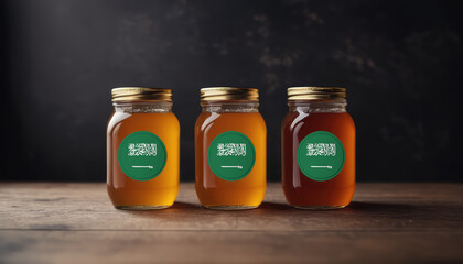 Collection of jars of different types of honey with flag Saudi Arabia. Concept export and import honey.