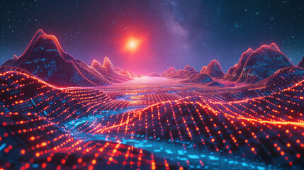 Fractal Wave of Light: A Dynamic Composition in Cyberspace - obrazy, fototapety, plakaty