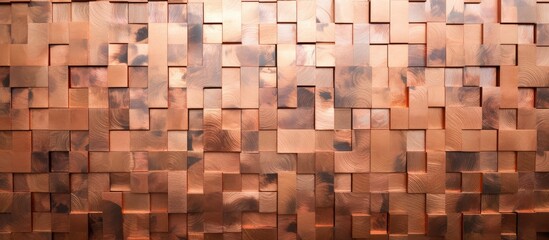 A detailed view of a wall constructed entirely of square copper mosaic wall tiles closely aligned. The uniform squares create a visually appealing pattern on the surface.