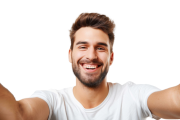Portrait of beautiful handsome man taking selfie posing with smile and attractive focus look, isolated on transparent png background.