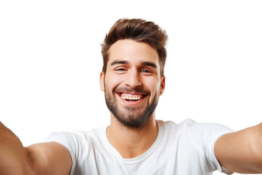 Portrait of beautiful handsome man taking selfie posing with smile and attractive focus look, isolated on transparent png background.