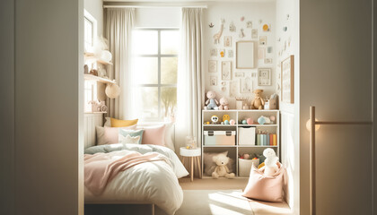 Sunlit Childrens Room with Plush Toys and Bookshelf