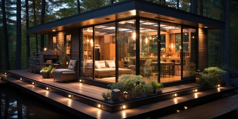 Modern Tiny Home With Deck and Lights Generative AI - obrazy, fototapety, plakaty