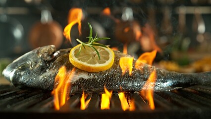Tasty Sea Bream Fish Placed on Grill Grid. Kitchen with utensils on Background. Concept of Food Preparation. - 768865128