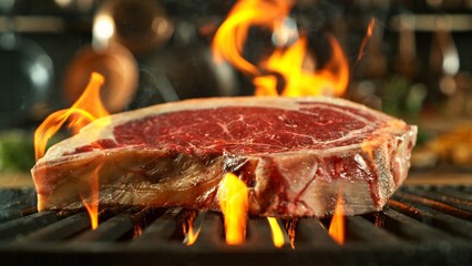 Tasty Raw Beef Steak Placed on Grill Grid.