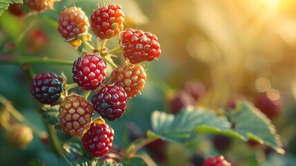 Lush blackberry brambles in various stages of ripeness - obrazy, fototapety, plakaty