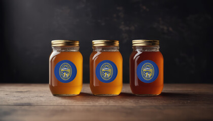 Collection of jars of different types of honey with flag Nebraska. Concept export and import honey.