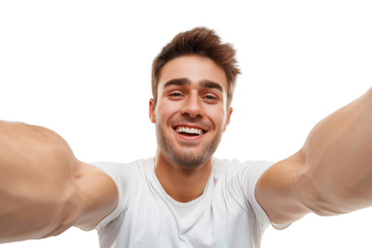Portrait of beautiful handsome man taking selfie posing with smile and attractive focus look, isolated on transparent png background.