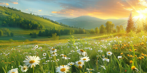 A beautiful spring summer meadow Chamomile flowers at sunset or sunrise. Natural colorful panoramic landscape with many wild flowers of daisies against blue sky.banner