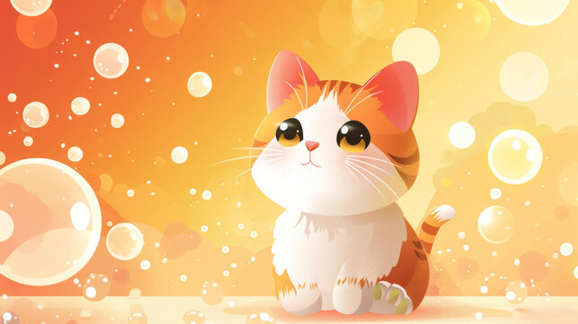 Cute cartoon orange tabby cat sitting with a bubbly background.