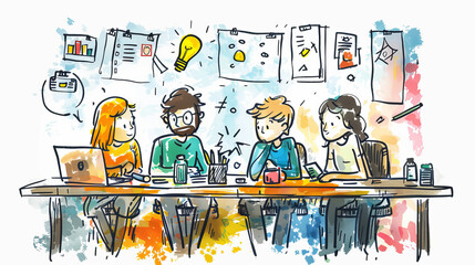 Colorful sketch of a creative team brainstorming at a cluttered table.