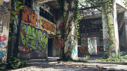 Eerie Abandoned Building Covered in Vines and Graffiti