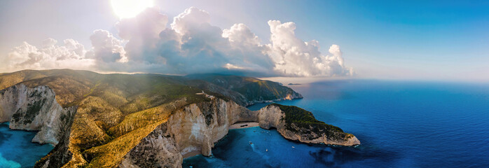 Aerial drone panorama view of the Ionian Sea coast of Zakynthos, Greece