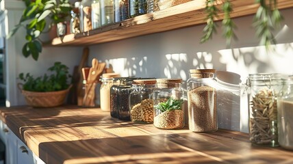 Bright and airy composition of pantry essentials with soft shadows
