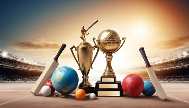 National sports day with realistic sports items including cricket bat football racket shatter table tennis rackets hockey ball and championship trophy all are holding on earth behind stadium