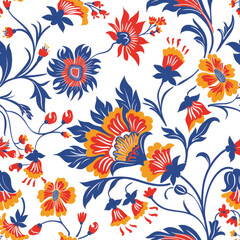 Traditional floral pattern with a vibrant mix of red, blue and yellow flowers on a white background.