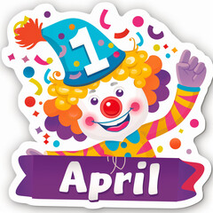  April Fools' Day sticker with funny clown and confetti isolated white background