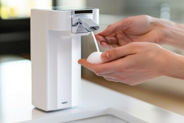 hands using a motionsensor soap dispenser - obrazy, fototapety, plakaty