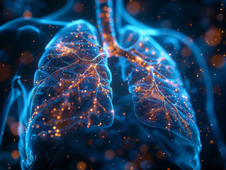 Graphic image of glowing human lungs in human body anatomy. - obrazy, fototapety, plakaty
