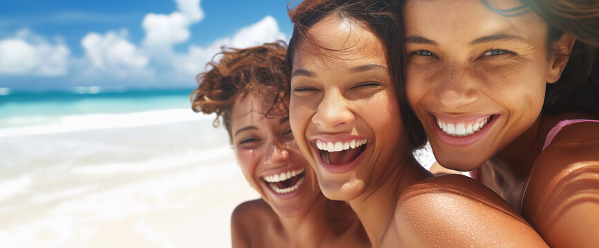 Three young girl friends on summer beach holiday, laughing and posing together