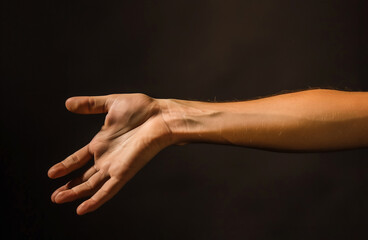 Open human right hand showing the wrist and forearm isolated on black background. A man's arm palm up with copyspace - obrazy, fototapety, plakaty