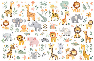 Set of funny childish drawings of giraffes, tigers, elephants, lions, crocodiles, flowers and green plants. Cute children's illustrations of various safari animals on white background