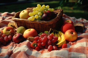 Naklejka na ściany i meble Fresh fruits in basket on blanket in park on sunny day