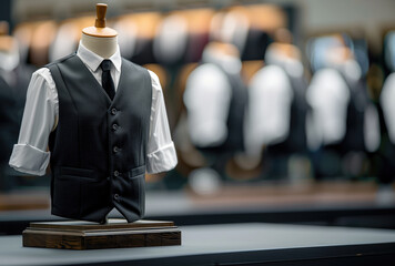 A mannequin dressed in an elegant vest and tie stands in the foreground at a men's clothing store