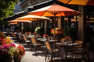 Outdoor Dining Area With Tables and Umbrellas Generative AI