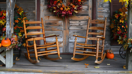 Empty Rocking Chairs on Porch with Fall Decorations - obrazy, fototapety, plakaty
