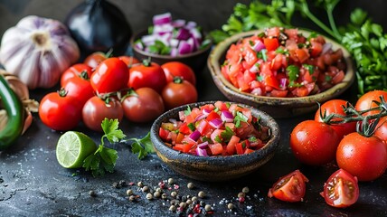 Vibrant salsa ingredients suspended in a dark culinary studio
