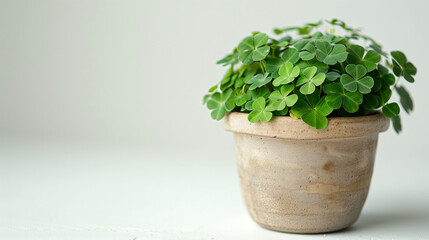 Lucky Clover Plant on a Beige Ceramic pot on white background
