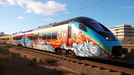 High Speed Train With Graffiti Art In Motion 