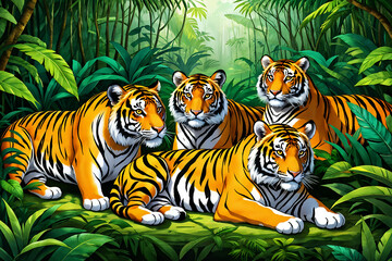 four tigers lying down in jungle