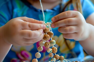 child threading wooden beads onto a yarn necklace - obrazy, fototapety, plakaty