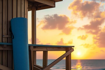 yoga mat propped against a wooden lifeguard tower, sunrise backdrop