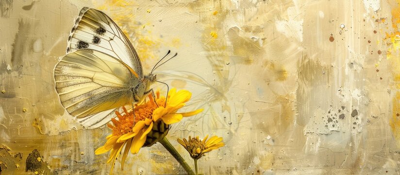 A detailed painting showing a colorful butterfly perched gracefully on a vibrant yellow flower. The delicate brush strokes capture the intricate patterns of the butterfly wings and the texture of the