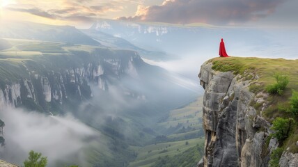 Solitary figure in red overlooking a majestic mountainous landscape