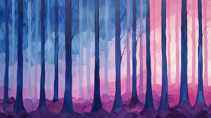 An artistic rendering of a forest with cool blue and warm pink tones, invoking a dreamy landscape.