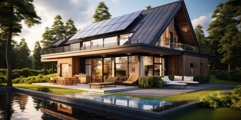 Fototapeta premium Modern House With Solar Panel Roof Generative AI
