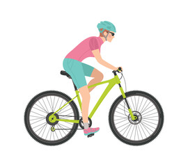 A woman rides a bicycle. Sports, training, healthy lifestyle. Vector flat cartoon isolated illustration