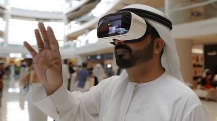 A Saudi Arabian Gulf man wearing VR 3D glasses, 3D hologram graphics, blur background