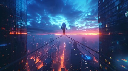 Businessman walking on a tightrope stretched between two skyscrapers, symbolizing risk and challenge. Risk management concept. - obrazy, fototapety, plakaty