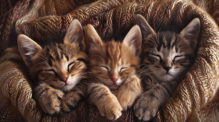 A delightfully tender image showing a trio of sleepy kittens embraced by the warmth of a multicolored blanket